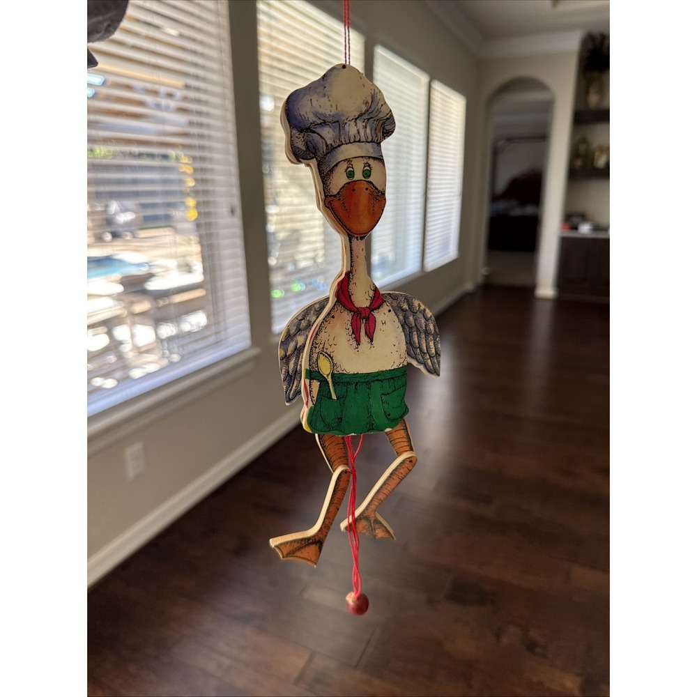 1985 Susan Feves - Wood Duck Puppet Christmas Ornament - Pull String to Move VTG